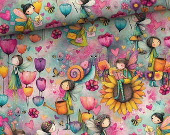 Choice of French terry or cotton jersey fabric, floral designs with fairies in the garden, flowers, blossoms, bees, sunflowers, and hearts, starting at 50 cm