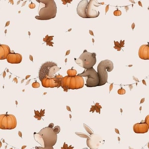 May include: A seamless pattern featuring illustrations of woodland animals including hedgehogs, squirrels, bears, and rabbits. The design includes orange pumpkins, brown autumn leaves, and string garlands against a light cream background.