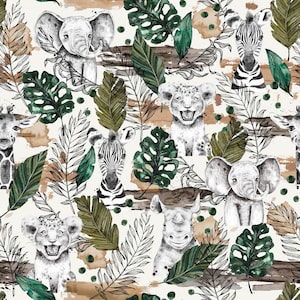 exotic animals elephant giraffe rhino zebra jungle animals + optionally cotton, sweat, jersey, muslin