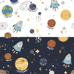 May include: A seamless pattern featuring planets, stars, comets, and rockets in a white and dark blue color scheme. The planets have faces and are labeled with their names: Earth, Mercury, Mars, Venus, and Jupiter.
