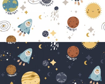 100% cotton cotton fabric woven space rocket planets galaxy stars moon earth + choice of 2 different colors