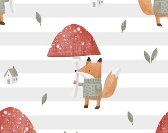 Waldtiere Tiermotiv Kinderstoff Fuchs mit Pilz Streifen Grau + wahlweise Baumwolle, Sweat, Jersey ab 50 cm