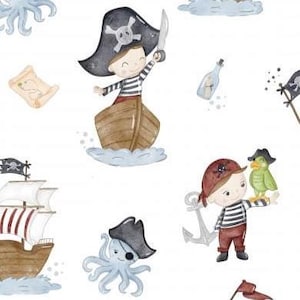 Optionally sweat fabric French Terry or Jersey cotton jersey pirate ship octopus anchor sailor maritime white from 50 cm