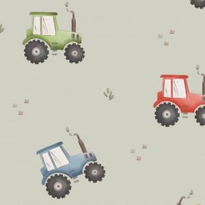 100 % Polyester wasserdichter Stoff Traktor Fahrzeuge Auto Bauernhof Farm auf Grün ab 50 cm