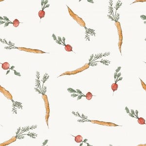 Könnte beinhalten: Ein nahtloses Muster mit Aquarell-Illustrationen von Karotten und Radieschen. Die Karotten sind orange und die Radieschen sind rot. Der Hintergrund ist weiß.