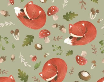 Animali della foresta motivo animale tessuto per bambini autunno volpe addormentata fungo castagne ghiande verde + a scelta cotone, felpa, jersey da 50 cm