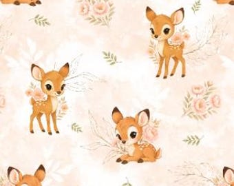 Bosdieren dierenmotief kinderstof hertenstof reekalf bloemenweide + optioneel katoen, sweatstof, jersey, mousseline vanaf 50 cm