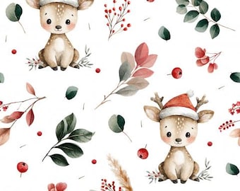 Winter motif, forest animals, Christmas, animal motif, children's fabric, reindeer, deer, leaves, berries + sweat or jersey from 50 cm + optional coordinating fabrics
