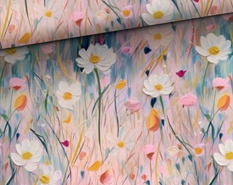 Choice of French terry or cotton jersey (sweatshirt fabric) with floral meadow design in watercolor and pastel colors, starting at 50 cm.