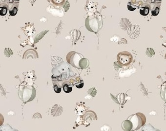 Safari exotic animals elephant lion giraffe car rainbow beige + choice of cotton, sweatshirt fabric, jersey, muslin