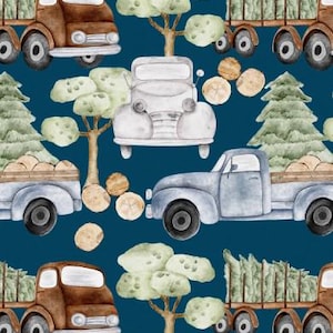 Optional sweat fabric French Terry or jersey cotton jersey forest car vehicles truck timber transporter blue from 50 cm