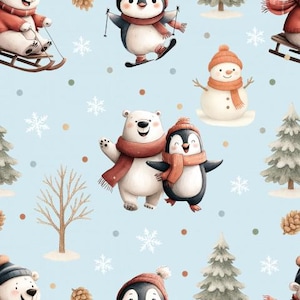 Peut inclure: Un motif répétitif sur fond bleu clair représentant des ours polaires et des manchots de dessin animé portant des écharpes et des bonnets rouge orangé. Le design inclut des bonhommes de neige, des sapins, des arbres nus, des pommes de pin et des flocons.