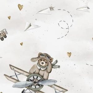 100% coton tissu en coton tissé ours en peluche école de pilotage avion hélicoptère nuages crème à partir de 50 cm