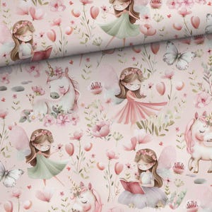 Tissu en coton 100 % coton tissé fille fée elfe avec fleurs de prairie licorne à partir de 50 cm