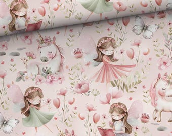 100% cotton woven fabric, girl's fairy elf with unicorn, meadow flowers, sold by the meter from 50 cm