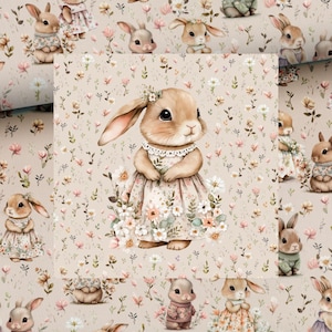 May include: A seamless pattern featuring a cute bunny wearing a floral dress and surrounded by delicate flowers on a beige background.