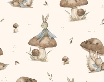 100 % Baumwolle Baumwollstoff Webware süße Waldtiere süße Hasen Feen Pilze auf Creme Beige ab 50 cm