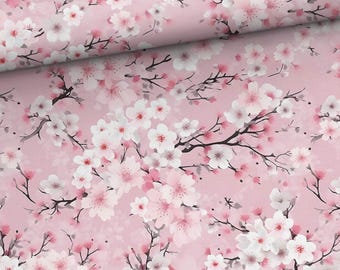 Choice of French terry or cotton jersey fabric, floral cherry blossom branch design, spring pink, from 50 cm