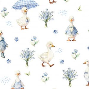 Può includere: Un motivo ripetitivo con illustrazioni ad acquerello di anatroccoli bianchi in vari abiti, tra cui impermeabili blu, salopette e completi, abbinati a ombrelli a quadri blu, bouquet di fiori blu e piccoli rametti di fiori blu.