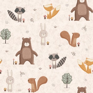 Puede incluir: Un patrón sin costuras que presenta varios animales del bosque, incluyendo un zorro, un mapache, un oso, un conejo y una ardilla. Los animales están representados en un estilo de dibujos animados con colores marrón, gris y naranja sobre un fondo beige.