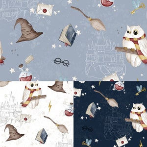 May include: A seamless pattern featuring a whimsical owl with a red scarf, a castle, a broom, a potion bottle, a hat, a book, and stars on a blue background. The pattern is repeated on a white background and a dark blue background.