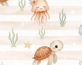Maritim Meerestiere Fische Robbe Wale Schildkröte Qualle Seestern Streifen + wahlweise Baumwolle, Sweat, Jersey, Musselin