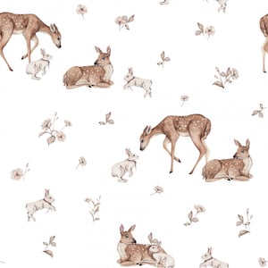 Tissu en coton 100% coton tissé animaux de la forêt fleurs fauves et lapins blanc à partir de 50 cm