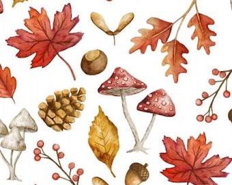 Tela de algodón 100% algodón tejida con hojas de otoño, setas florales, castañas, bellotas y piñas, color blanco, a partir de 50 cm.