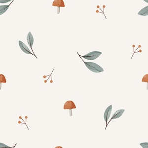 Könnte beinhalten: Ein nahtloses Muster mit braunen Pilzen, grünen Blättern und kleinen Büscheln orangefarbener Beeren auf weißem Hintergrund.