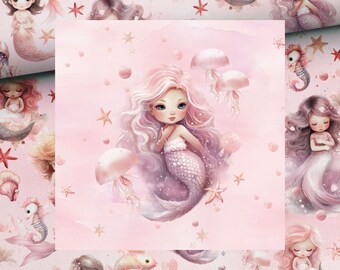 Optional sweat fabric French Terry summer sweat panel Mermaid marine animals seahorse + combination fabric and cuffs