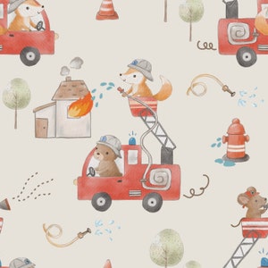 May include: A seamless pattern featuring a red fire engine with a bear driver, a fox firefighter on a ladder, a fire hydrant, a house on fire, and a mouse firefighter on a ladder. The background is a light beige colour.