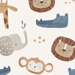 100% cotton cotton fabric woven exotic animals safari elephant giraffe monkey lion crocodile beige from 50 cm