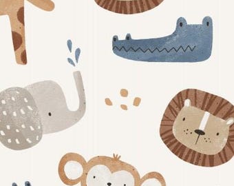 100% cotton woven fabric, exotic animals, safari, elephant, giraffe, monkey, lion, crocodile, beige, from 50 cm