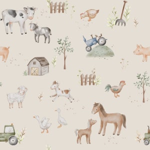 Tissu 100% coton tissé Animaux de la ferme Chevaux Tracteur Écru Beige à partir de 50 cm