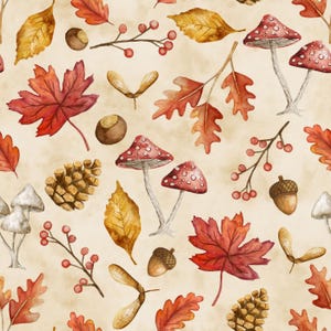 Op de afbeelding: Een naadloos patroon met aquarel illustraties van herfstbladeren, paddenstoelen, eikels, dennenappels en bessen op een beige achtergrond.