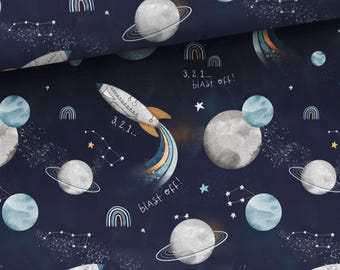 Optionally sweat fabric French Terry or Jersey cotton jersey cosmos space galaxy planets rocket spaceship earth blue-grey from 50 cm
