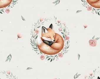 Forest animals animal motif children's fabric sleeping fox roses flowers + optionally cotton, sweat, jersey from 50 cm