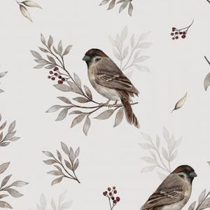 May include: A seamless pattern featuring watercolor illustrations of brown sparrows perched on branches with delicate gray leaves and clusters of red berries.