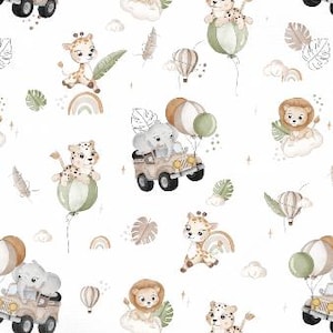 Safari exotic animals elephant lion giraffe car rainbow white + optionally cotton, sweat, jersey, muslin