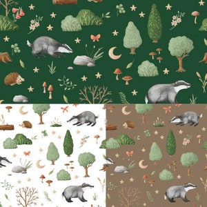 May include: A seamless pattern featuring a badger, hedgehog, mushrooms, stars, and trees on a green, white, and brown background. The pattern is perfect for fabric, wallpaper, or wrapping paper.