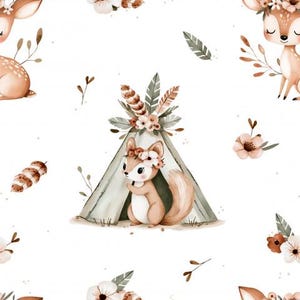 Vårblommigt sött skogsdjur ekorre rådjur i tält Boho + val av bomull, sweatshirttyg, jersey, muslin