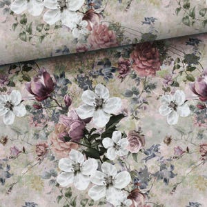 100% cotton cotton fabric woven floral delicate flowers blossoms roses clematis country house vintage violet pink grey from 50 cm