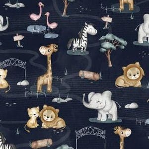 100% cotton fabric woven exotic animals in the zoo safari elephant lion zebra tiger dark blue from 50 cm