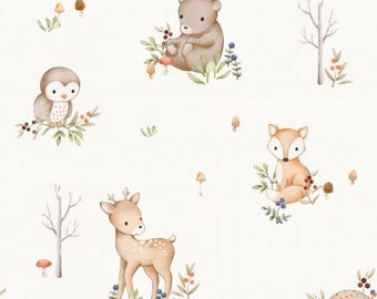 Bosdieren dierenmotief kinderstof vos beer egel uil paddenstoelen crème + optioneel katoen, sweat, jersey, mousseline vanaf 50 cm