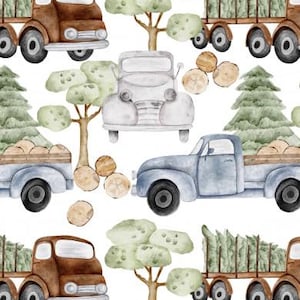 Optional sweat fabric French Terry or jersey cotton jersey forest car vehicles truck timber transporter white from 50 cm