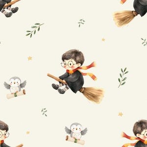 May include: Watercolor illustration featuring a repeating pattern of a young wizard riding a broom, wearing glasses, a scarf, and a black robe. The design includes owls with scrolls, stars, and sprigs on a cream background.