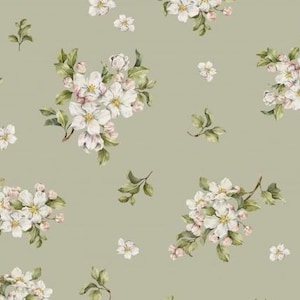 May include: A seamless pattern featuring delicate white flowers with pink centres, surrounded by green leaves on a light green background.