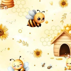 May include: A whimsical illustration featuring a repeating pattern of cartoon bees, sunflowers, honeycombs, and a small wooden house. The color palette is primarily yellow, brown, and white, creating a cheerful and inviting design.