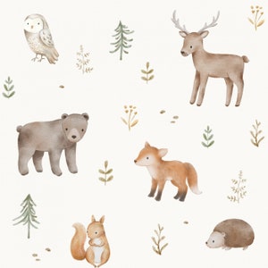 100% cotton woven fabric, painted woodland animals (squirrel, hedgehog, fox, owl) on cream, sold by the meter from 50 cm.