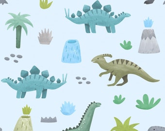 Può includere: Uno schema senza cuciture con vari dinosauri, tra cui uno stegosauro verde, un brachiosauro marrone e un triceratopo blu. Lo schema include anche palme verdi, vulcani blu e rocce grigie su uno sfondo blu chiaro.